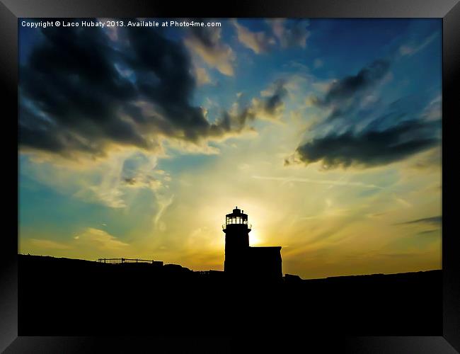 Sunset behind the lighthouse Framed Print by Laco Hubaty