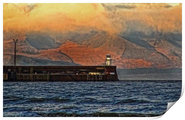 Troon lighthouse and Arran hills Print by jane dickie