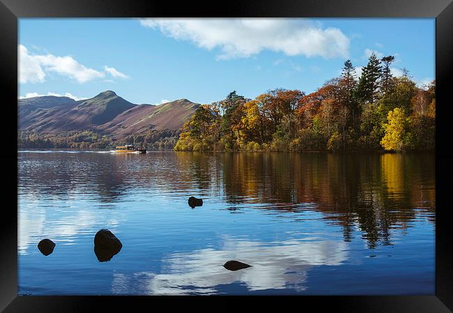 Tour boat on Derwent Water with Cat Bells beyond. Framed Print by Liam Grant