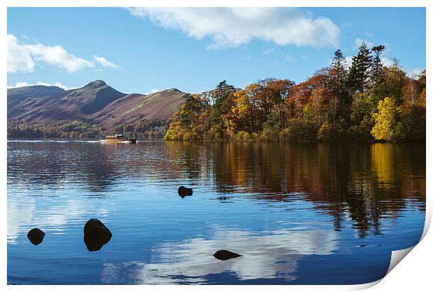 Tour boat on Derwent Water with Cat Bells beyond. Print by Liam Grant