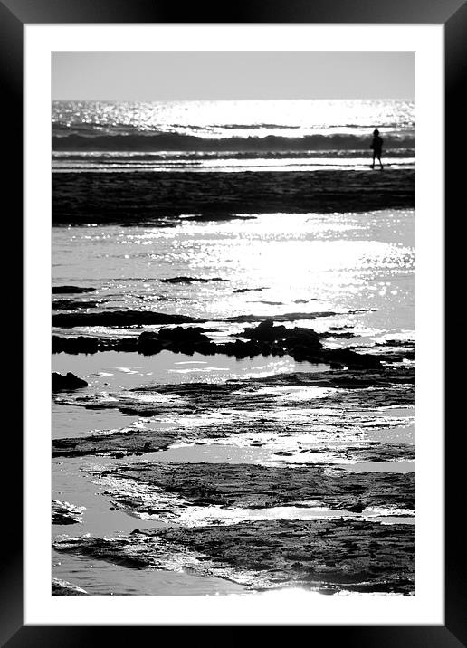 black and white beach Framed Mounted Print by Helen Cooke