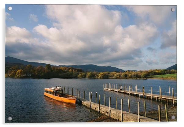 Tour boat moored at Keswick end of Derwent Water. Acrylic by Liam Grant
