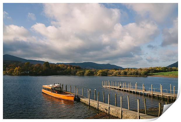 Tour boat moored at Keswick end of Derwent Water. Print by Liam Grant