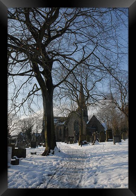Friezland Church with snow Framed Print by JEAN FITZHUGH