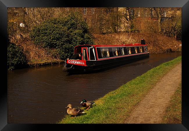 Narrowboat along the canal Framed Print by JEAN FITZHUGH