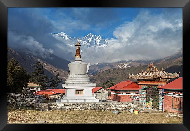 View to Everest and Tengboche Monastry Framed Print by Gail Johnson