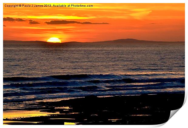 Sunset behind the Gower Peninsula Print by Paula J James