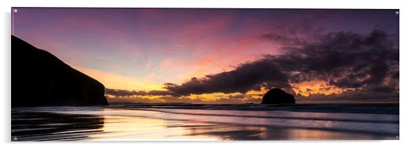 Trebarwith Strand Sunset Acrylic by David Wilkins