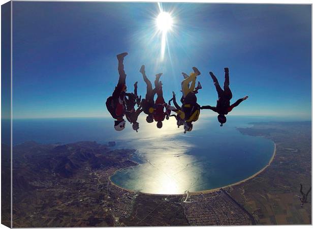 Skydive freefly over the bay Canvas Print by Ewan Cowie