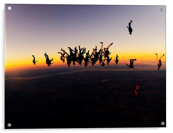sunset large freefly formation skydive Acrylic by Ewan Cowie