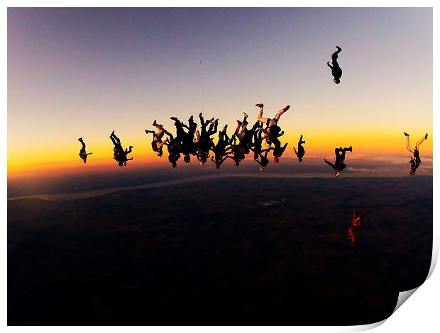 sunset large freefly formation skydive Print by Ewan Cowie