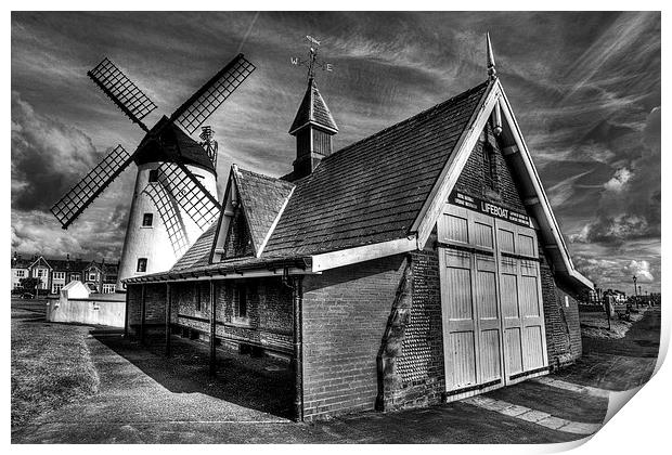 Lythams Lifeboat Station and Windmill Print by Roger Green