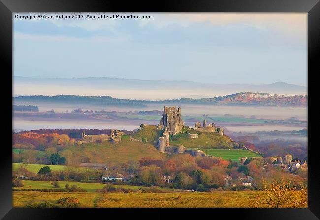 Corfe Castle Misty morning Framed Print by Alan Sutton