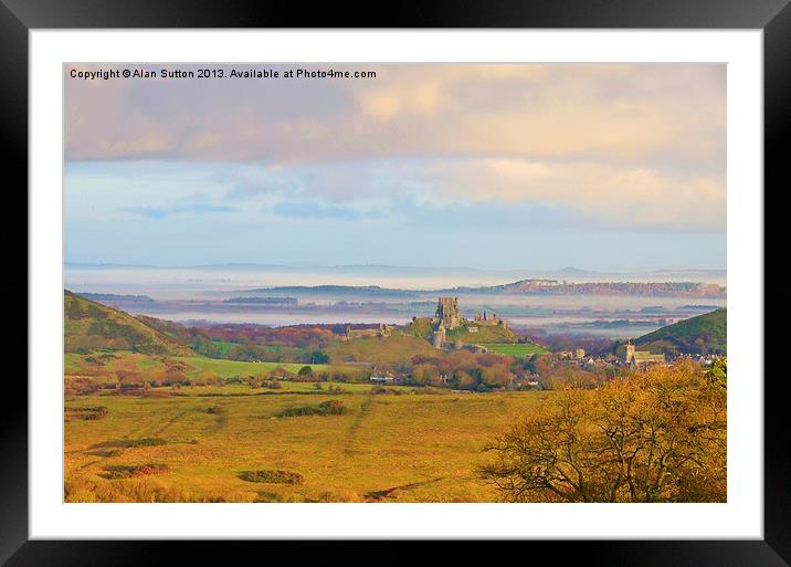 Corfe village and Castle ruins. Framed Mounted Print by Alan Sutton