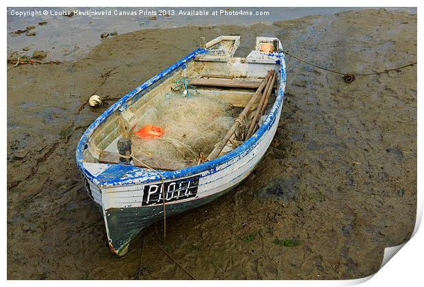 Fishing dinghy at low tide Print by Louise Heusinkveld
