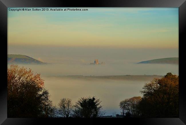 Corfe Castle floating on a cloud Framed Print by Alan Sutton