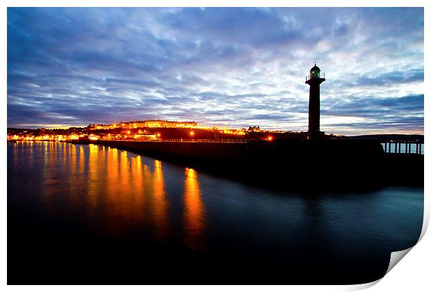 Whitby harbour by night Print by Colin Brittain