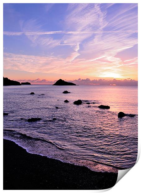 Meadfoot Beach Sunrise in purple Print by Rosie Spooner