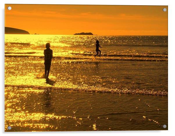 Childrens seaside splash Broadhaven sunset Acrylic by Lindsay Read