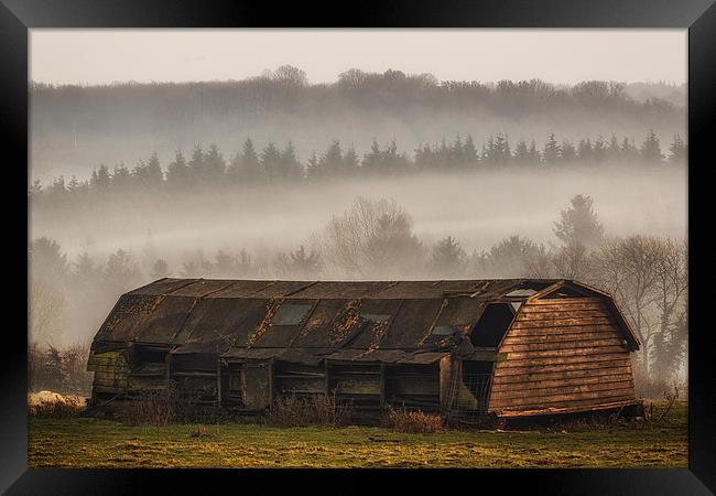 the barn and the mist Framed Print by sam moore