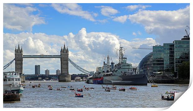 Great River Race at Tower Bridge Print by Rob  Powell