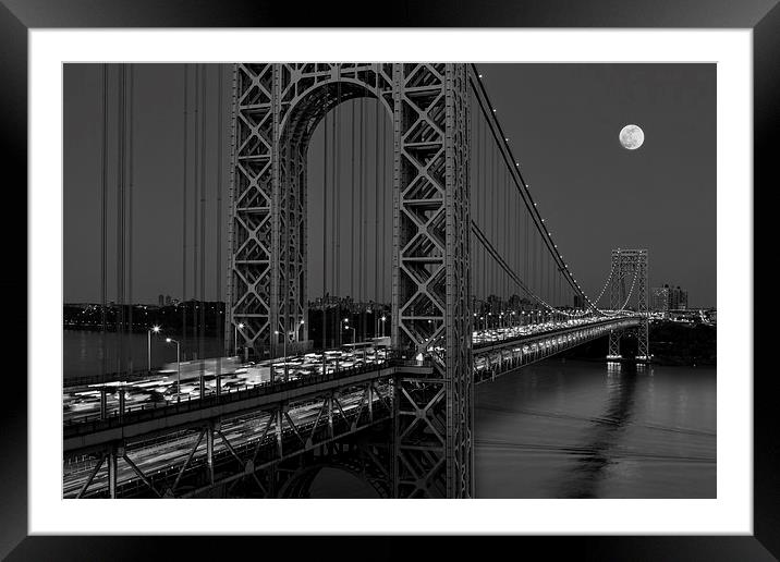 George Washington Bridge Moon Rise BW Framed Mounted Print by Susan Candelario