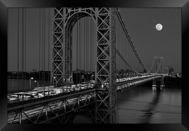 George Washington Bridge Moon Rise BW Framed Print by Susan Candelario