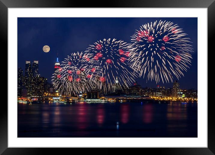 Fireworks and Full Moon Over New York City Framed Mounted Print by Susan Candelario