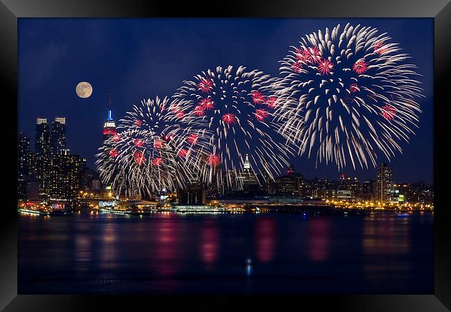 Fireworks and Full Moon Over New York City Framed Print by Susan Candelario