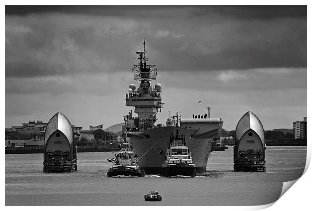 HMS Illustrious at Thames Barrier Print by Rob  Powell