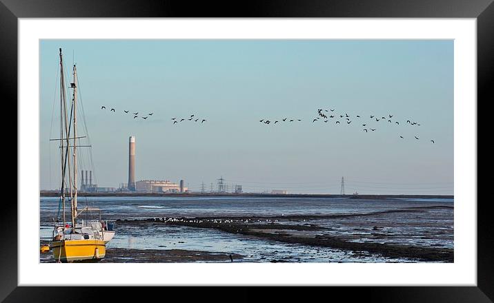 Geese Flying by power station Framed Mounted Print by Claire Colston