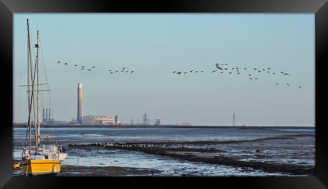 Geese Flying by power station Framed Print by Claire Colston