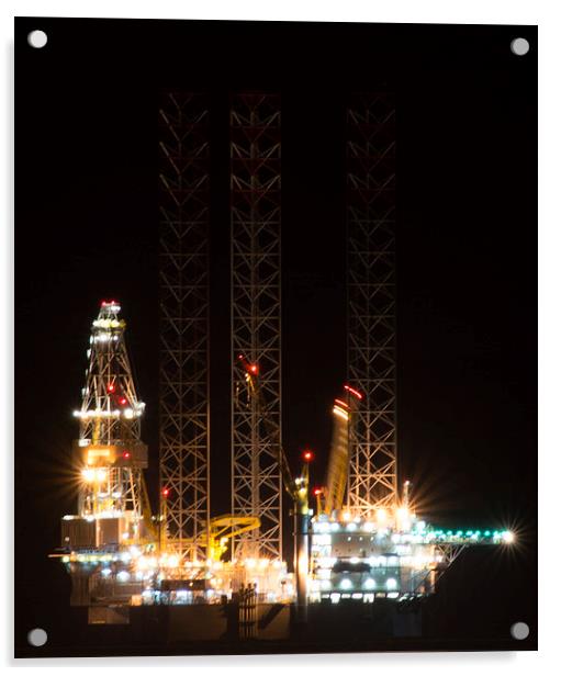 Oil rig at night Acrylic by caroline henderson