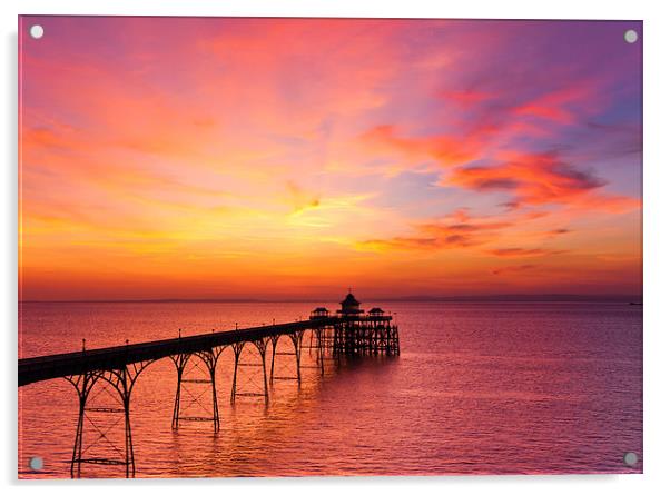 Clevedon Pier, UK, Sunset colours Acrylic by Daugirdas Racys