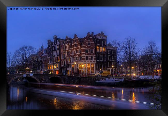 Amsterdam Corner Cafe with Light Trails Framed Print by Ann Garrett