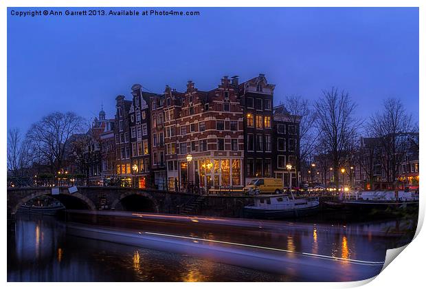 Amsterdam Corner Cafe with Light Trails Print by Ann Garrett