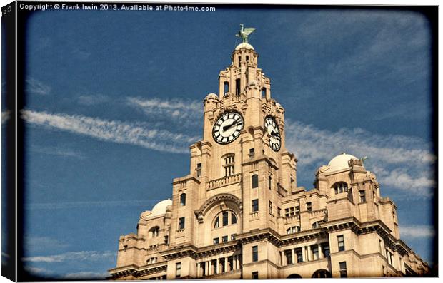 Top of Liverpools Liver Buildings, Grunged effect Canvas Print by Frank Irwin