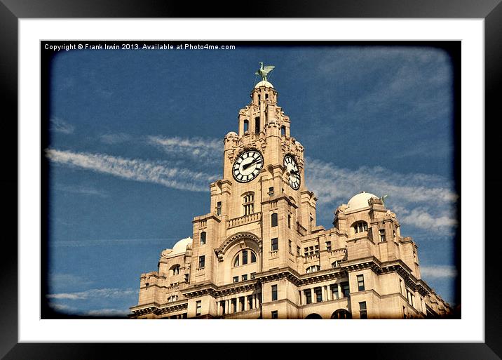 Top of Liverpools Liver Buildings, Grunged effect Framed Mounted Print by Frank Irwin