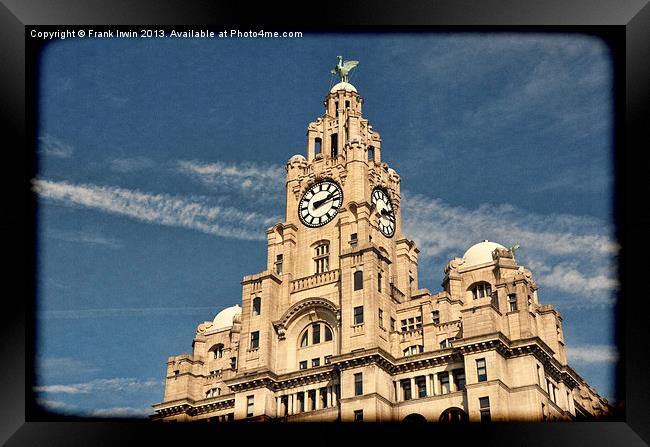Top of Liverpools Liver Buildings, Grunged effect Framed Print by Frank Irwin