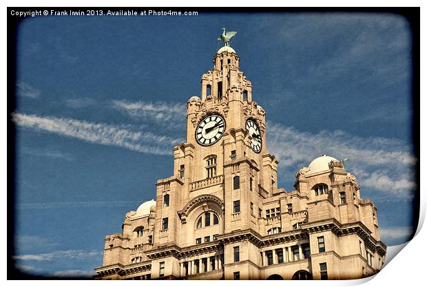 Top of Liverpools Liver Buildings, Grunged effect Print by Frank Irwin