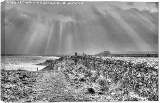 Lindisfarne sun rays Canvas Print by Terry Dutchburn