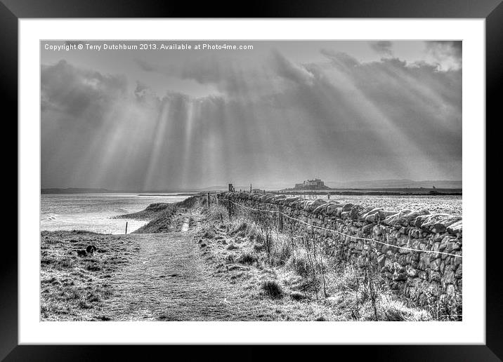 Lindisfarne sun rays Framed Mounted Print by Terry Dutchburn