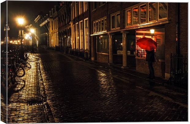 Night Lights of Utrecht. Orange Umbrella. Netherla Canvas Print by Jenny Rainbow