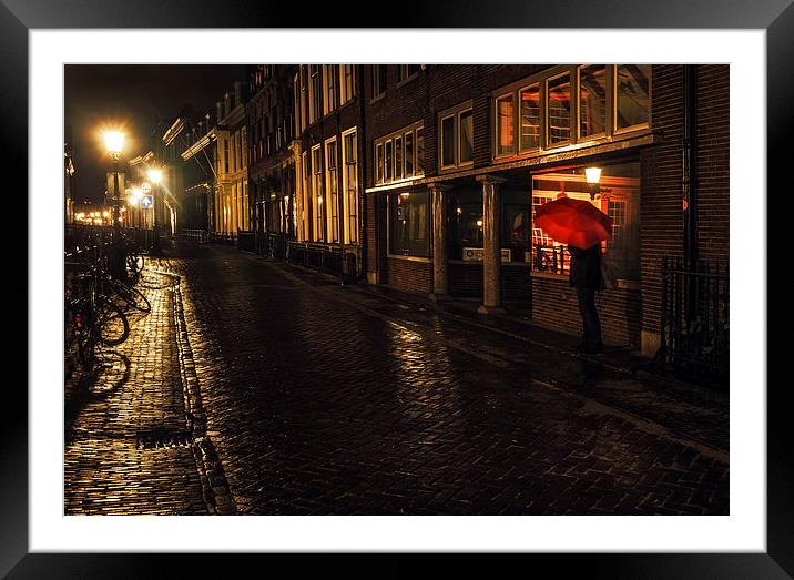 Night Lights of Utrecht. Orange Umbrella. Netherla Framed Mounted Print by Jenny Rainbow