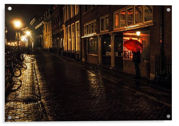Night Lights of Utrecht. Orange Umbrella. Netherla Acrylic by Jenny Rainbow