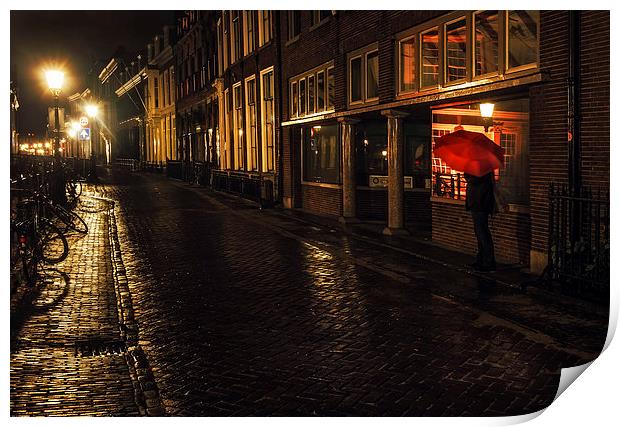 Night Lights of Utrecht. Orange Umbrella. Netherla Print by Jenny Rainbow