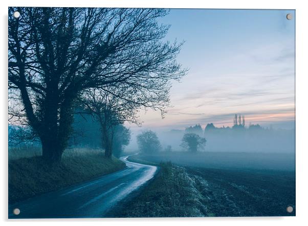 Evening sky over rural road leading into fog. Acrylic by Liam Grant
