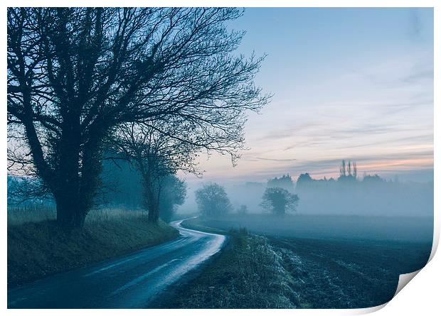 Evening sky over rural road leading into fog. Print by Liam Grant