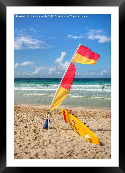 Lifeguards Flag and Surfboard Framed Mounted Print by Paula Connelly