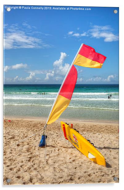Lifeguards Flag and Surfboard Acrylic by Paula Connelly